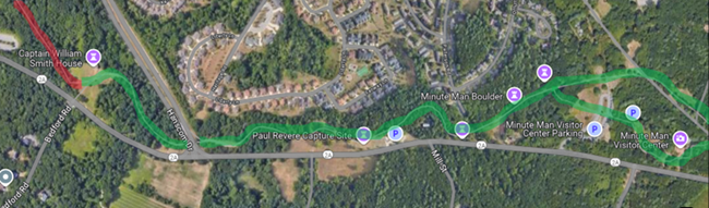 Map of Battle Road Trail from Paul Revere Capture Site to Smith House. Trail is marked green for open and red for closure.