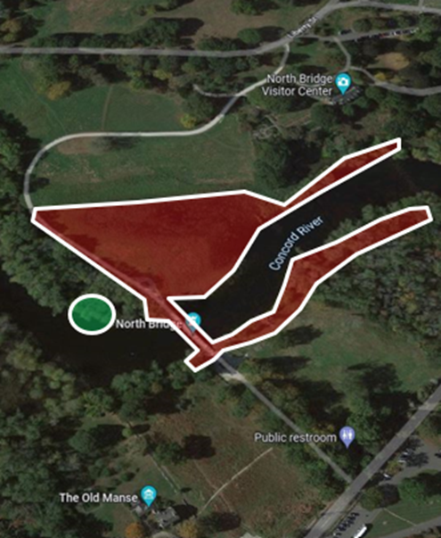 Arial photograph of the Concord River showing areas where fishing is and is not allowed where