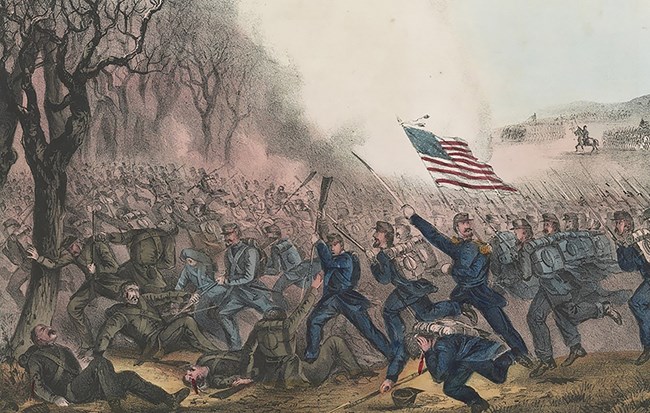 A colored lithograph of Union forces descending on foot toward Confederate soldiers on a grassy field.
