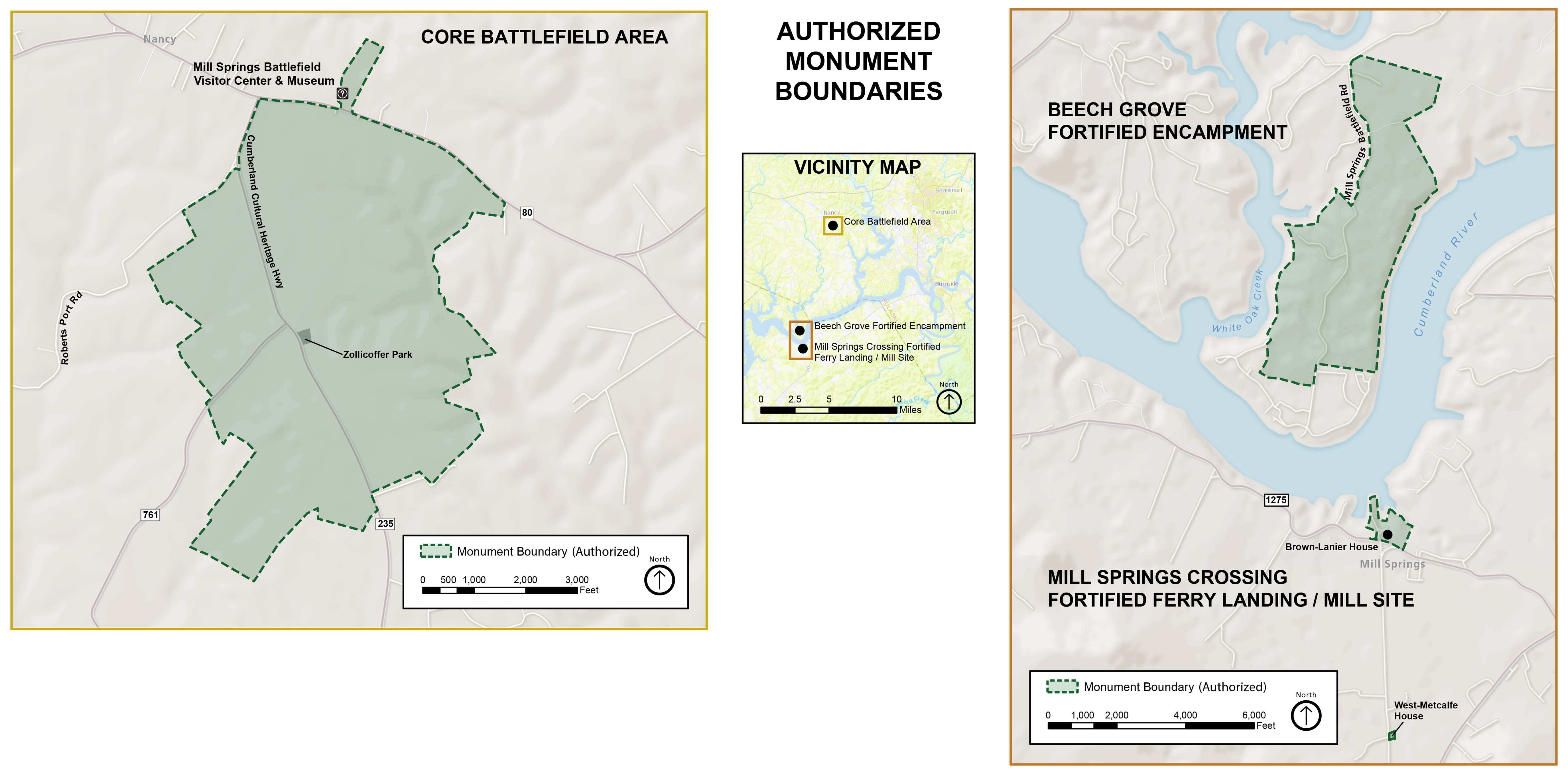 On left a map of the authorized monument area east of Nancy including Visitor Center and Zollicoffer Park off hwy 235. On right a map of the authorized monument area including Beech Grove north of Cumberland River and ferry landing mill site to south