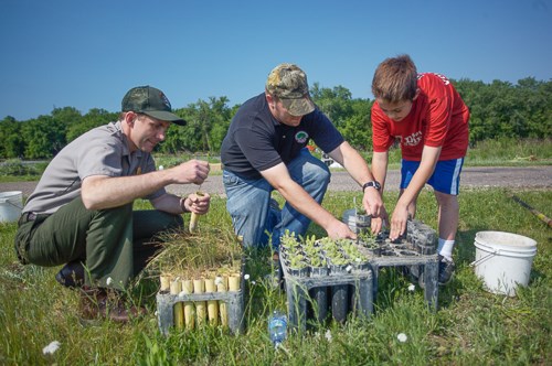 Volunteers assist a park ranger with plantings.