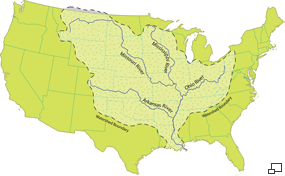 A map of the United States showing the extent of the are drained by the Mississippi River.