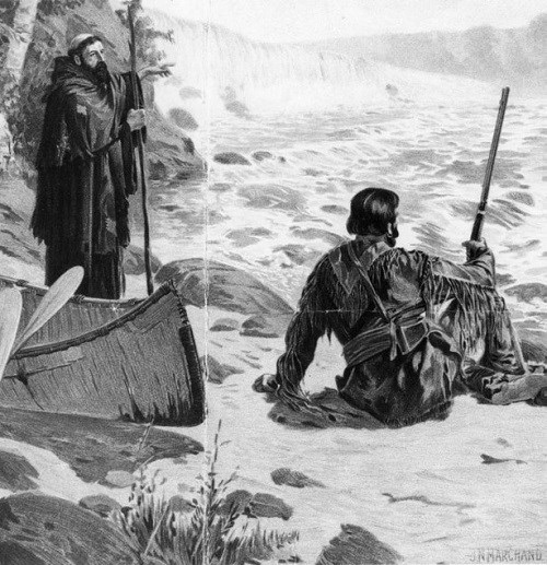 Two men observe a large waterfall. One is a priest and the other is dressed in buckskins and carrying a rifle.