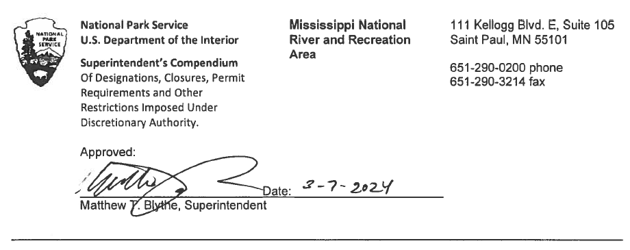 Signature of Matthew T. Blythe, Superintendent of Mississippi National River and Recreation Area on the 2024 Superintendent's Compendium