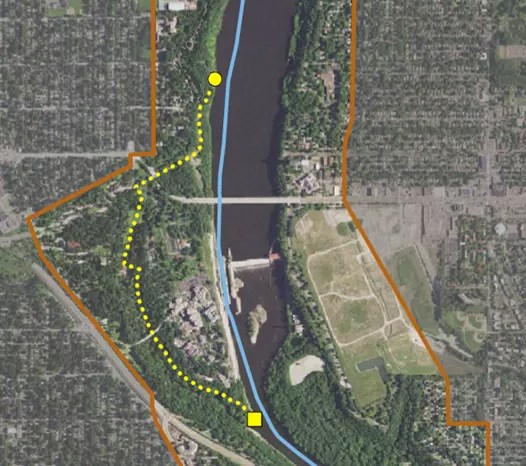Aerial map showing the portage route around Lock and Dam 1