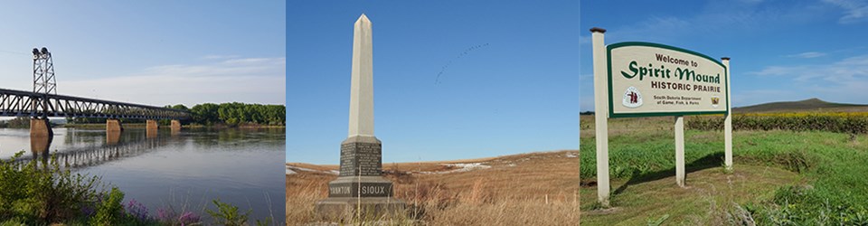 Three images viewed from left to right: Meridian Bridge, Yankton Sioux Treaty Monument, Spirit Mound Historic Prairie.
