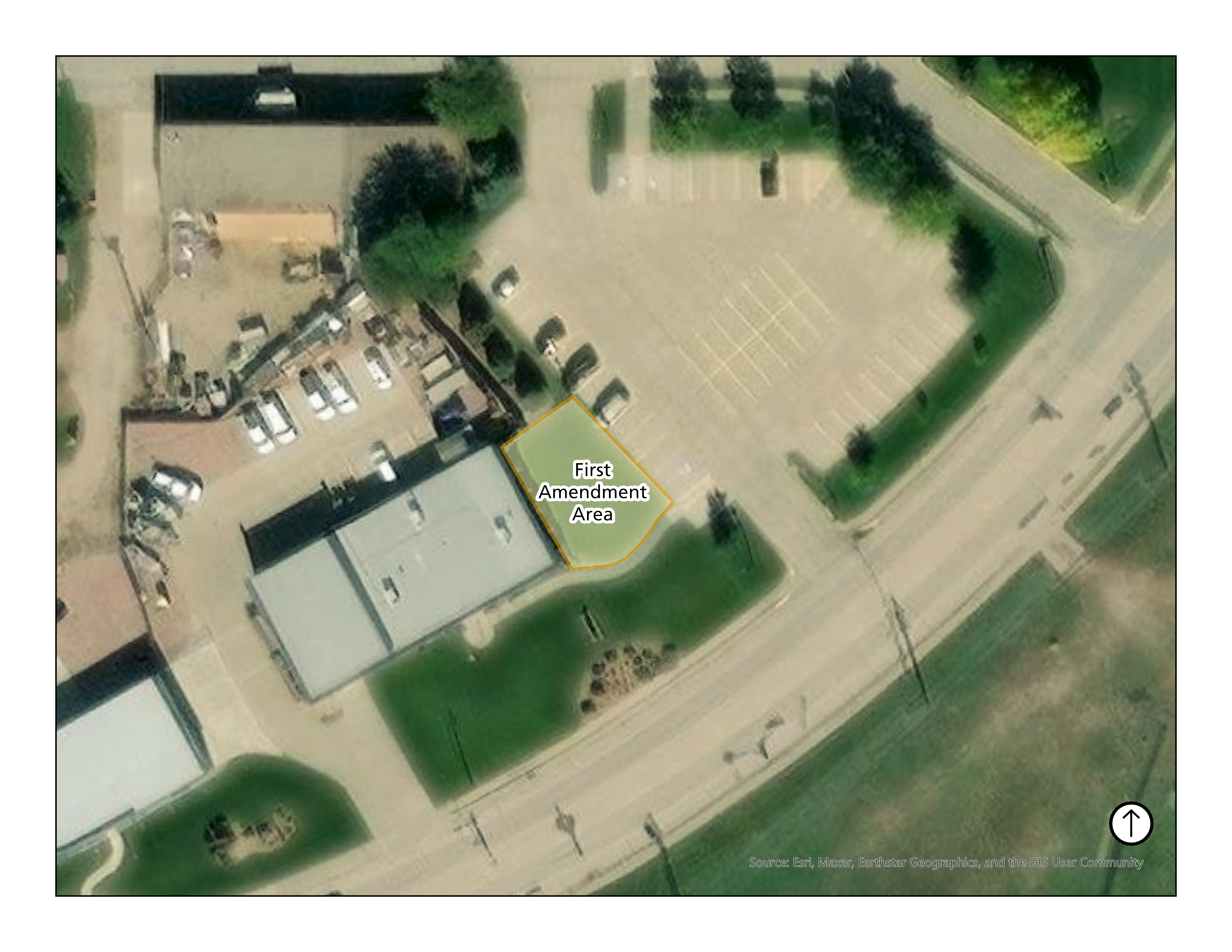 Area marked, the lawn east of the Headquarters building, is the designated First Amendment permit area.