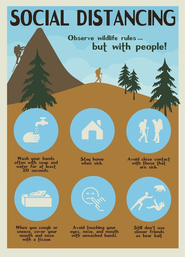 Physical Distancing Infographic with various ways to practice social distancing such as staying 6 feet apart, covering coughs or sneezes, not touching your eyes, mouth or nose, washing your hands for twenty seconds, staying home when you're sick