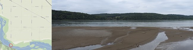 Two images viewed from left to right: topo map of river access; river edge view with sandbars and river forests.