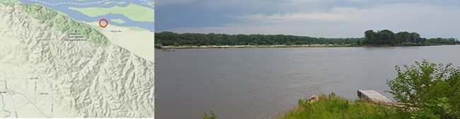 Two images viewed from left to right: topo map of river access; view of river with Goat Island in the background.