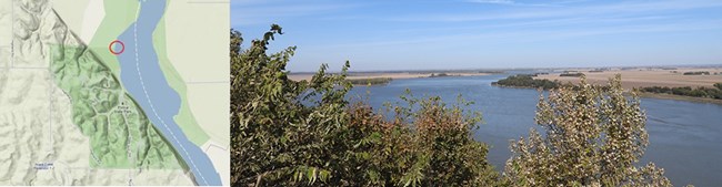 Two images viewed from left to right: topo map of river access; scenic overlook looking downriver with farmland in the view.