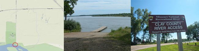 Three images viewed from left to right: topo map of river access; boat ramp into the river; brown guide sign of Clay County River Access.