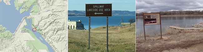 Three images viewed from left to right: topo map of river access, brown highway sign points direction to river access, boat ramp at the river.