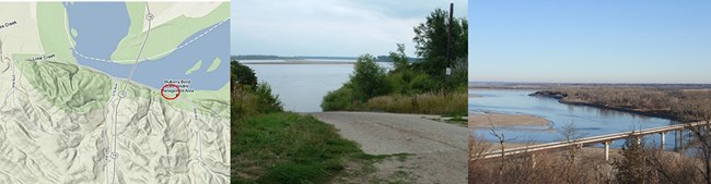 Three images viewed from left to right: topo map of river access; boat ramp leading to river; view looking upriver over highway bridge.