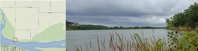 Two images viewed from left to right: topo map of river access; view looking upriver with trees bordering both sides of the waterway.