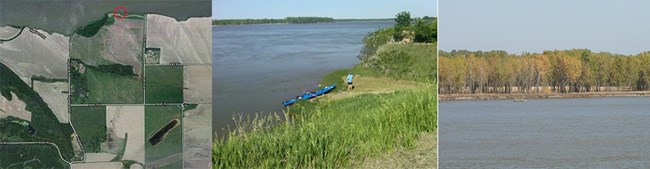 Three images viewed from left to right: topo map of river access; boar ramp leading down to river; view of river with cottonwood trees in autumn color.