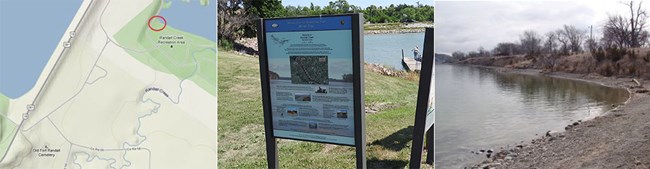 Three images viewed from left to right: topo map of river access, information board at boat ramp, boat ramp at the river.