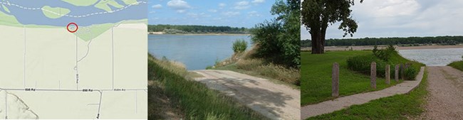 Three images viewed from left to right: topo map of river access, two other images are of the boat ramp at the river.