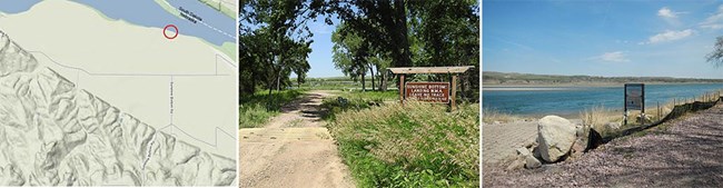 Three images viewed from left to right: topo map of river access, entrance from the land-side, river access area.