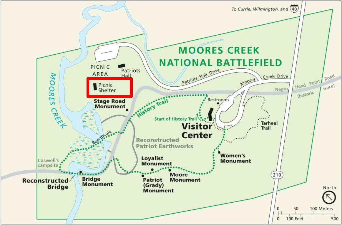 Map showing Moores Creek Battlefield indicating a box around the picnic area.