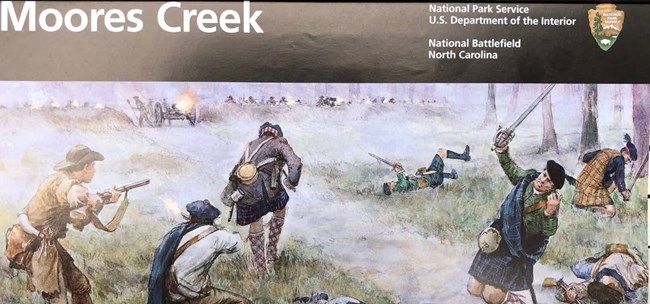 A colorful illustration depicts the Battle of Moore's Creek Bridge, a pivotal Revolutionary War battle in North Carolina. Patriots clash with Loyalists in a dynamic scene. The brochure cover highlights this historical event.