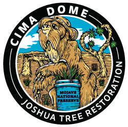 A round logo with artwork containing a ground sloth carrying a blue bucket with Joshua tree seedlings in the joshua tree forest. Text on outer perimeter of logo reads Cima Dome Joshua Tree Restoration