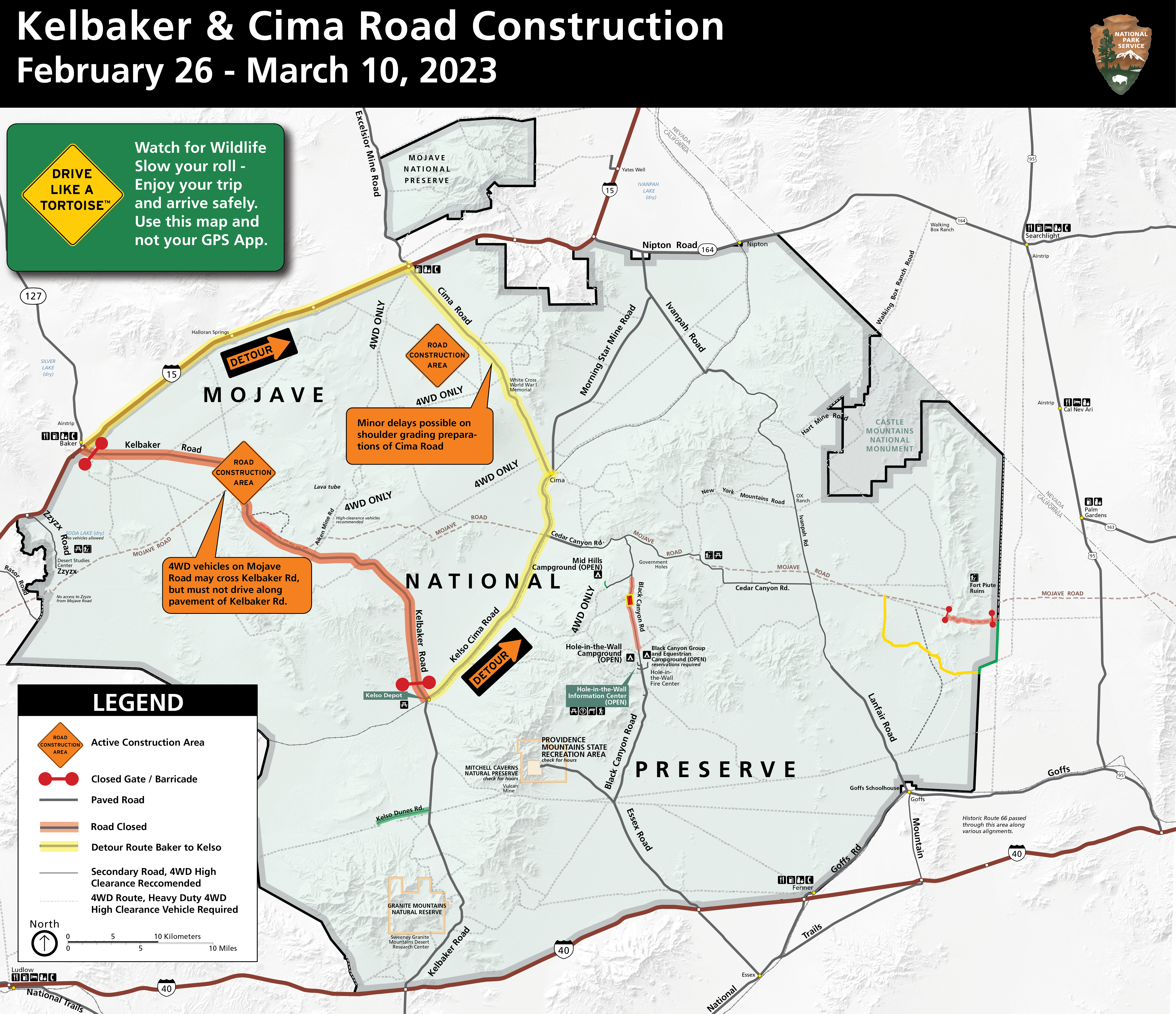 Map of Mojave National Preserve showing Kelbaker Road closed between Kelso and Baker during the construction. Kelso Cima and Cima Roads are highlighted as detour routes. Call out text: four wheel drive vehicles on Mojave Road may cross Kelbaker Rd, but mu