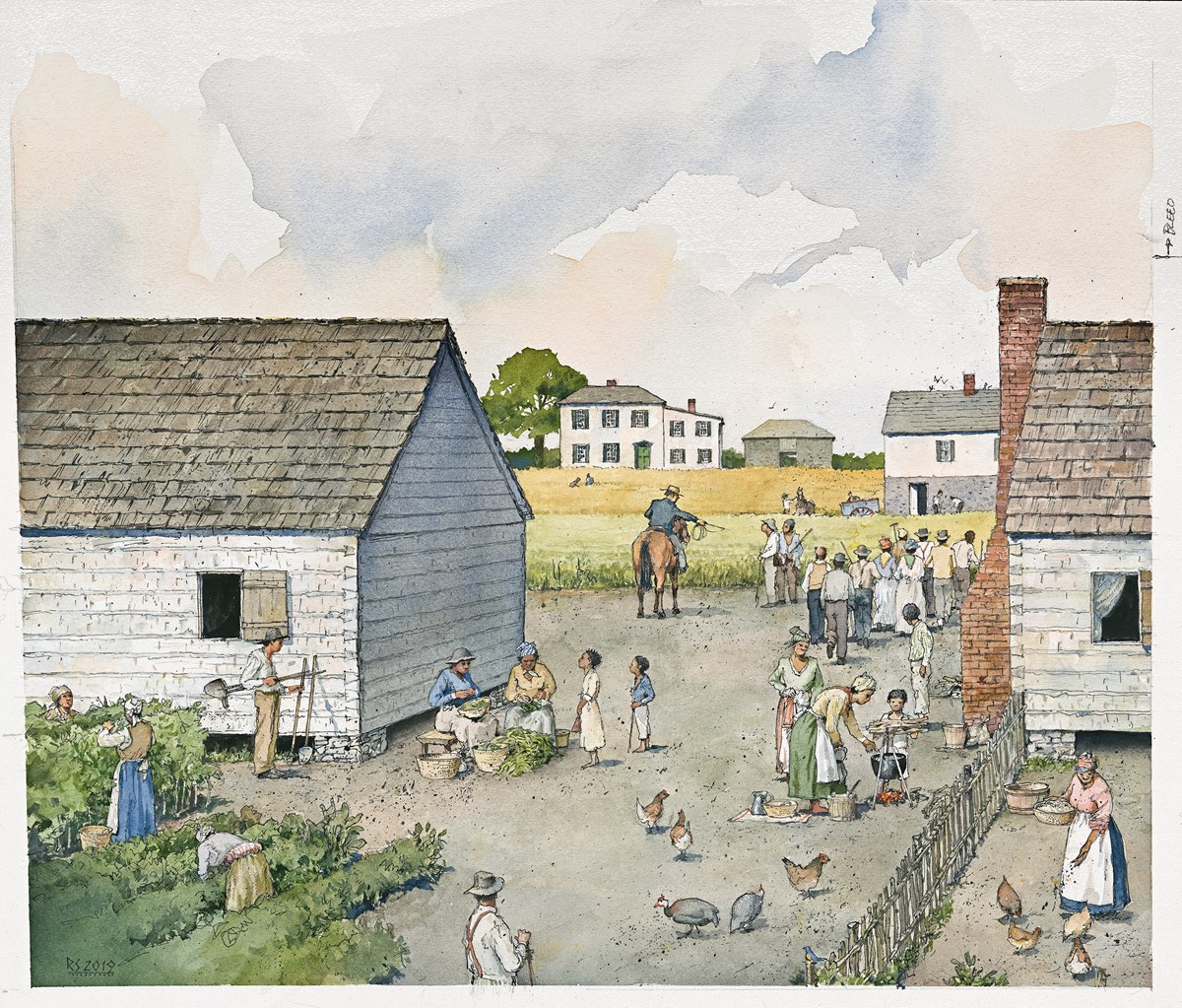 Artist's rendering of daily life in L'Hermitage slave village.