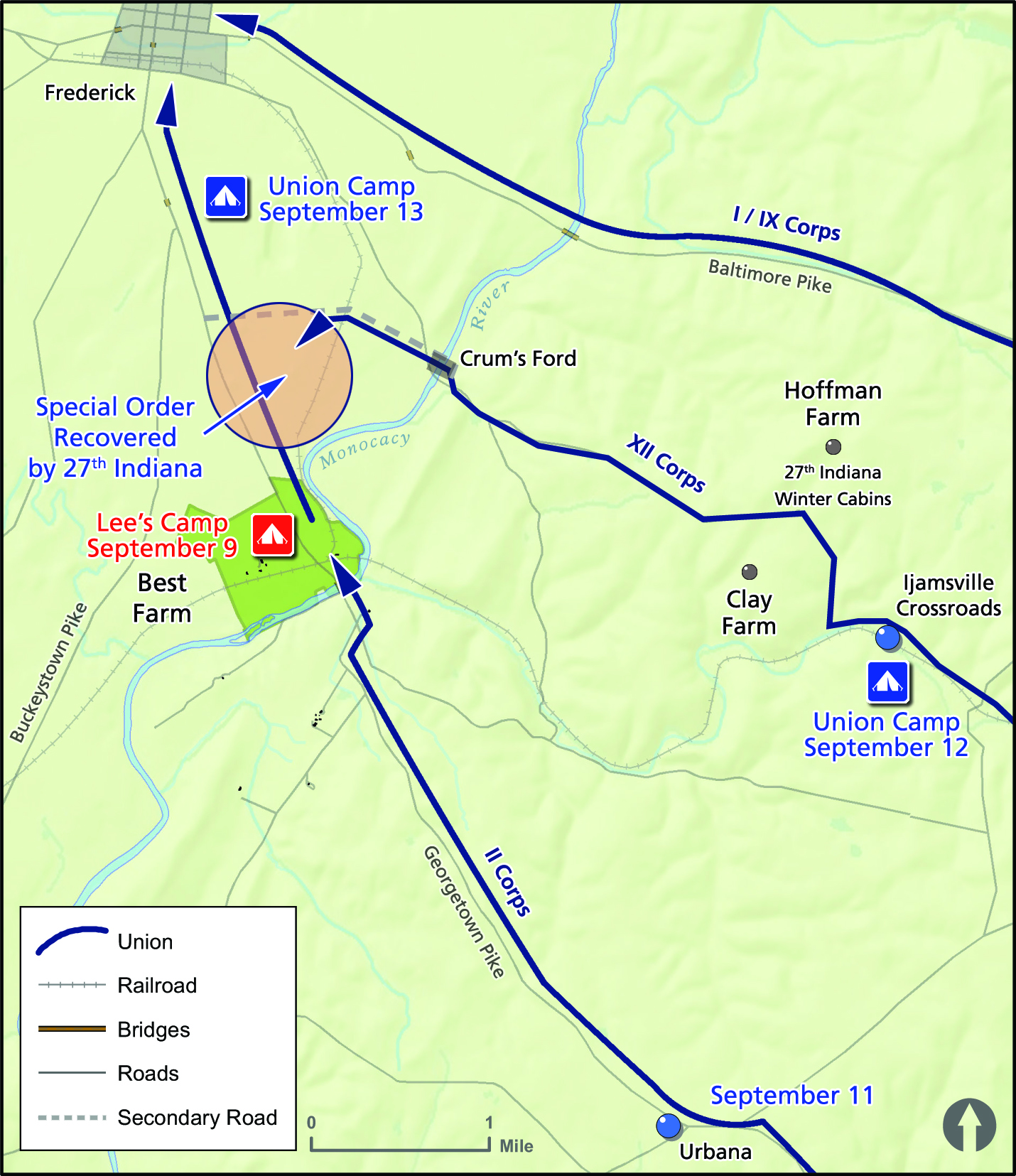 Map of Monocacy Junction area showing location where Special Order 191 was discovered.