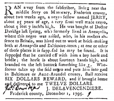 A newspaper advertisement from December 1, 1795 announcing a reward for a freedom seeker named Jerry.