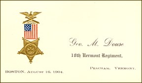 A small 3 inch card with a Grand Army of Republic medal on the left and Geo. M. Douse, 10th Vermont.