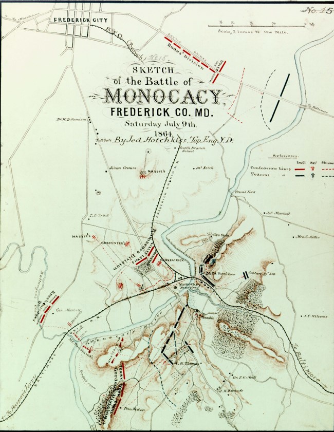 Map: Confederate map of the battle of Monocacy from 1864 that shows location of Confederate and Union troops.