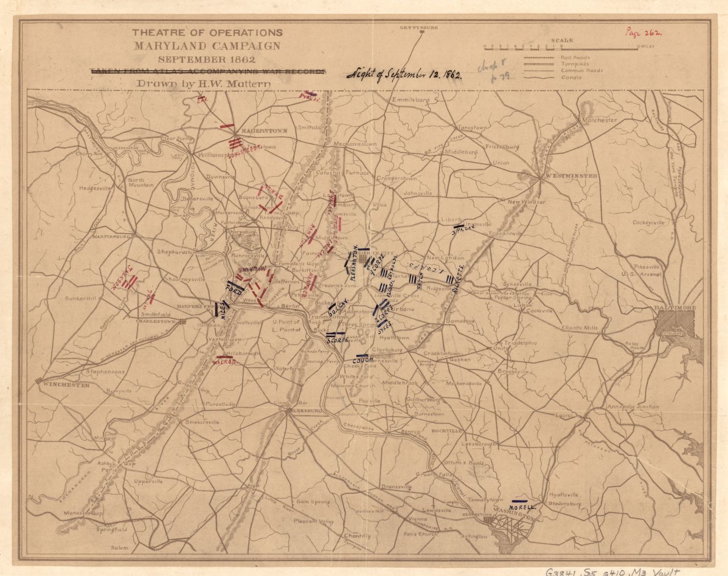 Old map from 1862 of Maryland and Northern Virginia. Washington, DC, in lower right and Hagerstown, MD in upper left