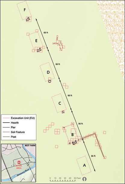 Computerized map showing the orientation and spacing of six small cabins.