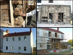 Four images clockwise: wood building with siding removed, building with scaffolding, finished white building, detail of exposed wall.