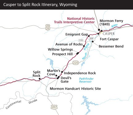 Itinerary Map showing trail sites between Split Rock to Casper