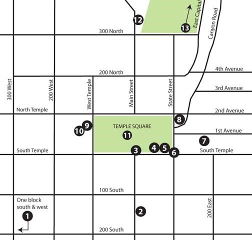 Map showing downtown Salt Lake City itinerary locations