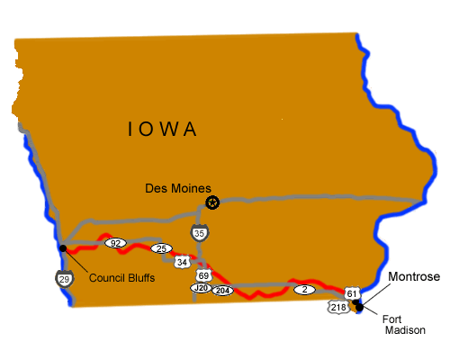 A map of Iowa depicting major highways and the location of Montrose.