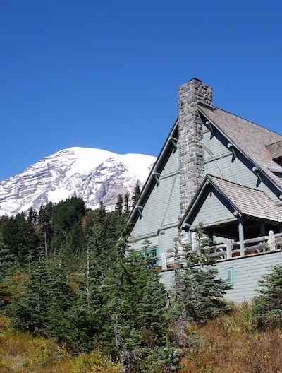 The Paradise Inn in front of Mount Rainier.