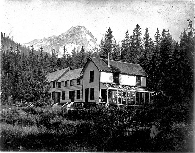 Black and white image of Longmire Springs Hotel built by the Longmire family in the 1890s.