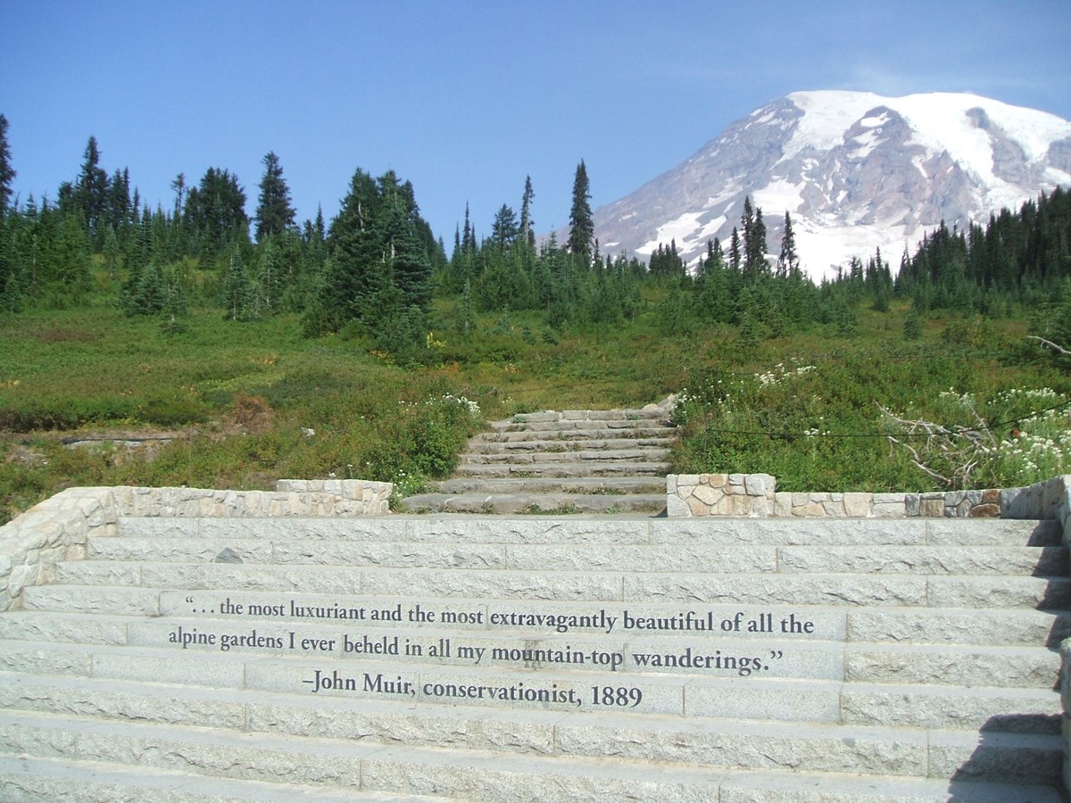 Stone steps leading up to subalpine meadows at Paradise with a quote for John Muir engraved in them.