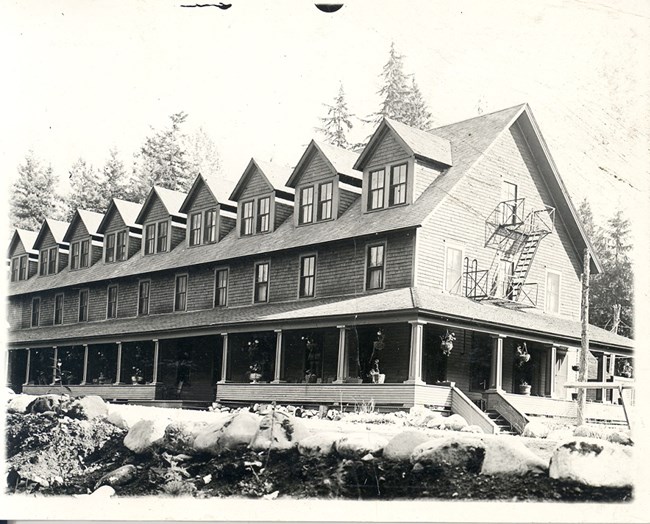 Black and white image of the north side of the first National Park Inn.