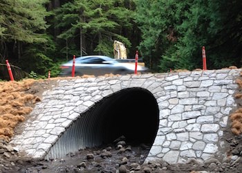 A car passes over a culvert with a restored historic rock face.