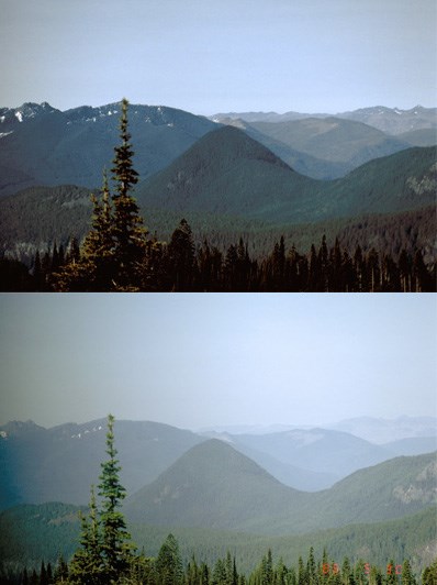 Two photos from an air quality camera in Paradise show different degrees of air clarity.