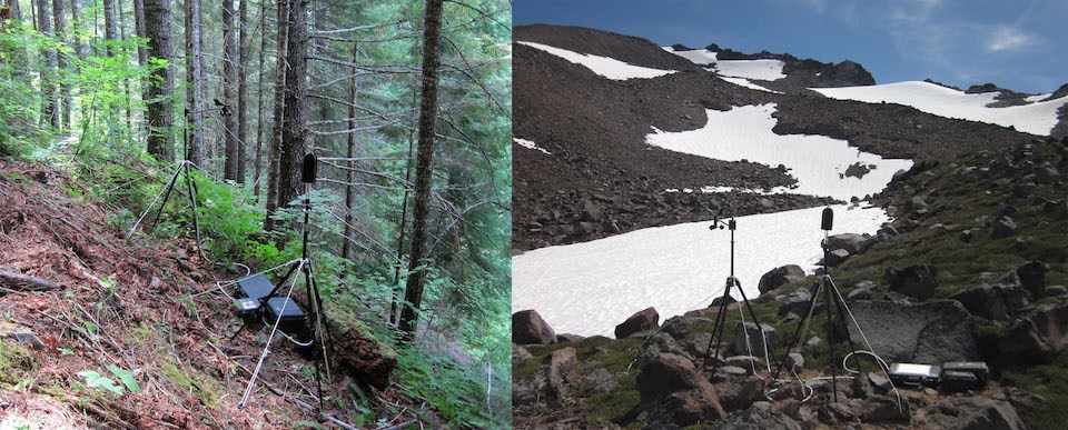 Left: A tripod and equipment set up in a forest. Right: A tripod and equipment sent up on a rocky slope with scattered snow fields.