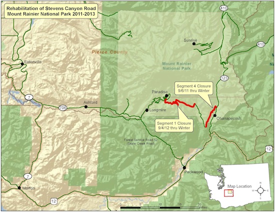 A map marking the areas of Stevens Canyon Road that will be rehabilitated during 2011-2013.