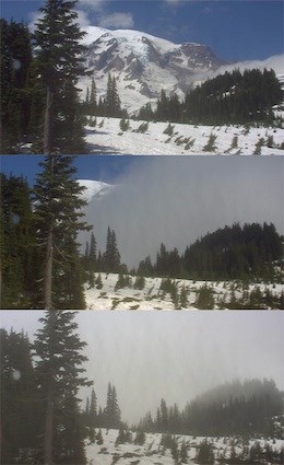 Multiple views of Mount Rainier with different weather taken from the Mountain webcam.