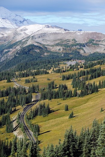 A road curves through a subalpine meadow to  a cluster of buildings perched on the slopes of a mountain.