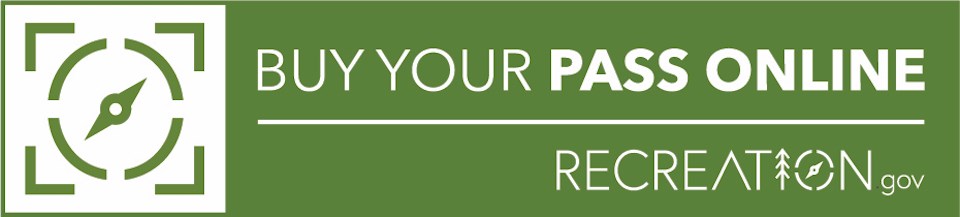 A graphic of a compass symbol next to a green bar with the text "Buy your pass online - Recreation.gov"