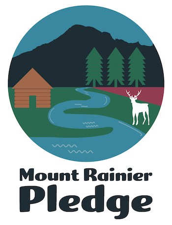 A circular graphic with a stylized mountain above a blue river, brown cabin, three green trees and a white deer, above text reading "Mount Rainier Pledge".